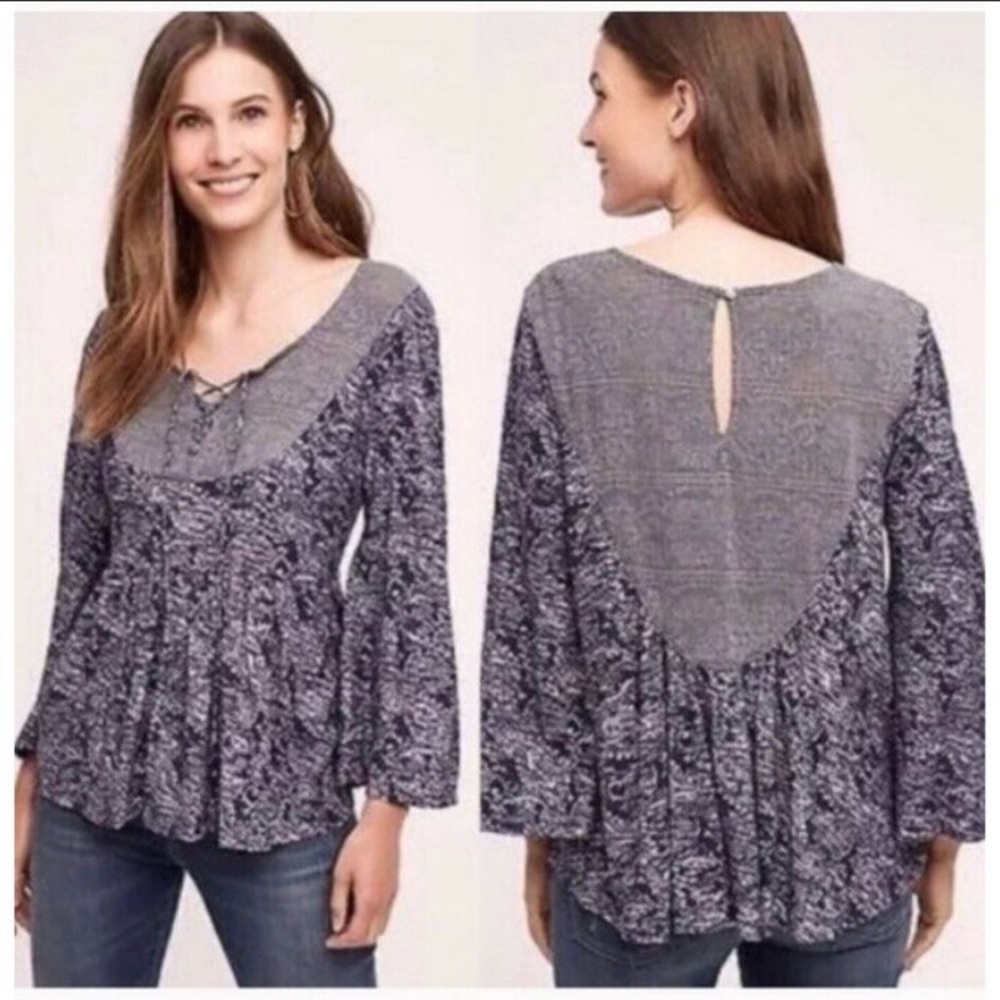 Anthropologie Akemi Kin Marcella Blue Purple Peasant  Swing Top Blouse Boho
